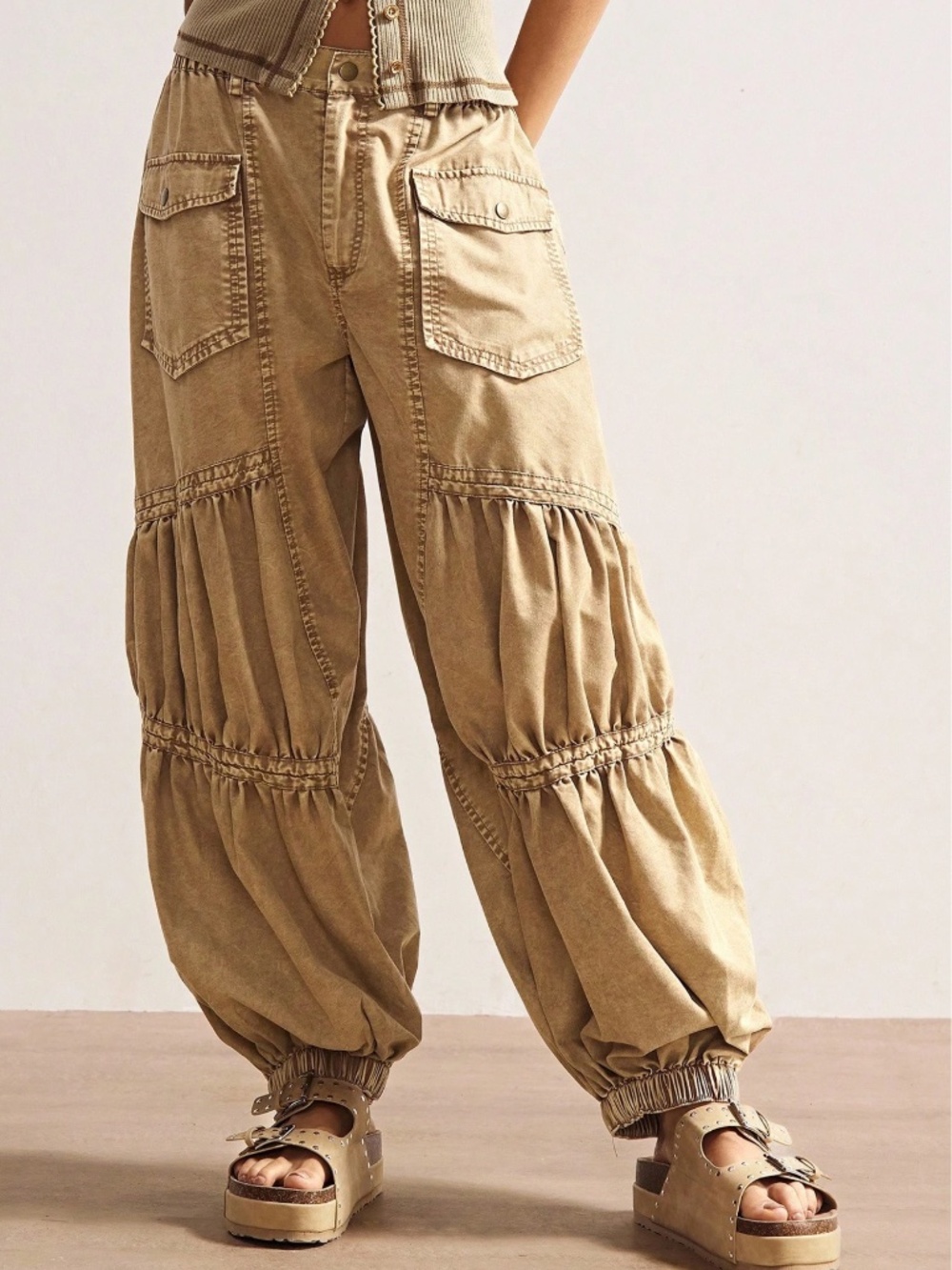 Solid Low Waist Stretchy Waist Baggy Jogger Leg Cotton pants - Picture 7 of 9